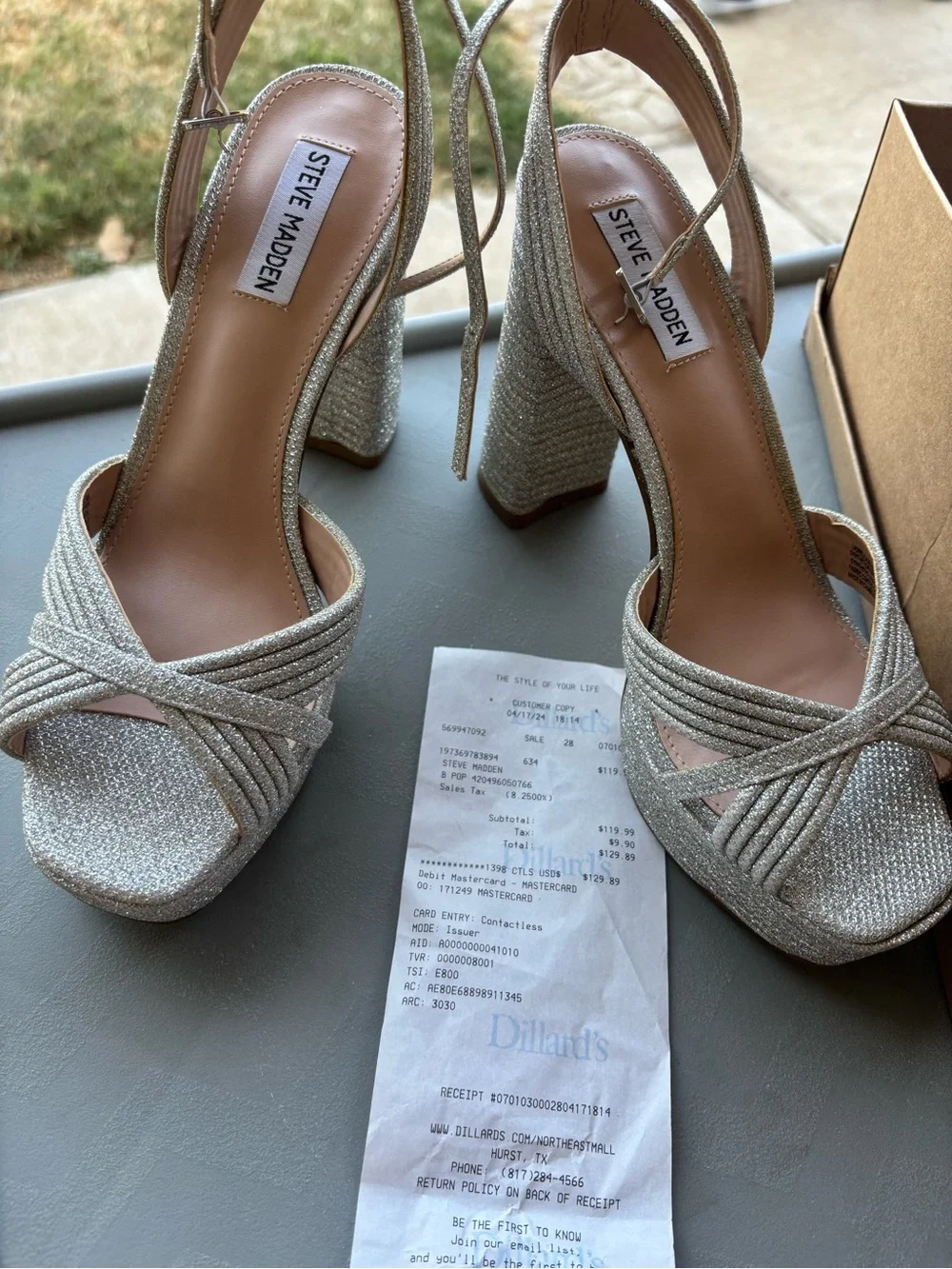 Steve Madden Silver Glitter Platform Block Heel Sandals with Ankle Tie